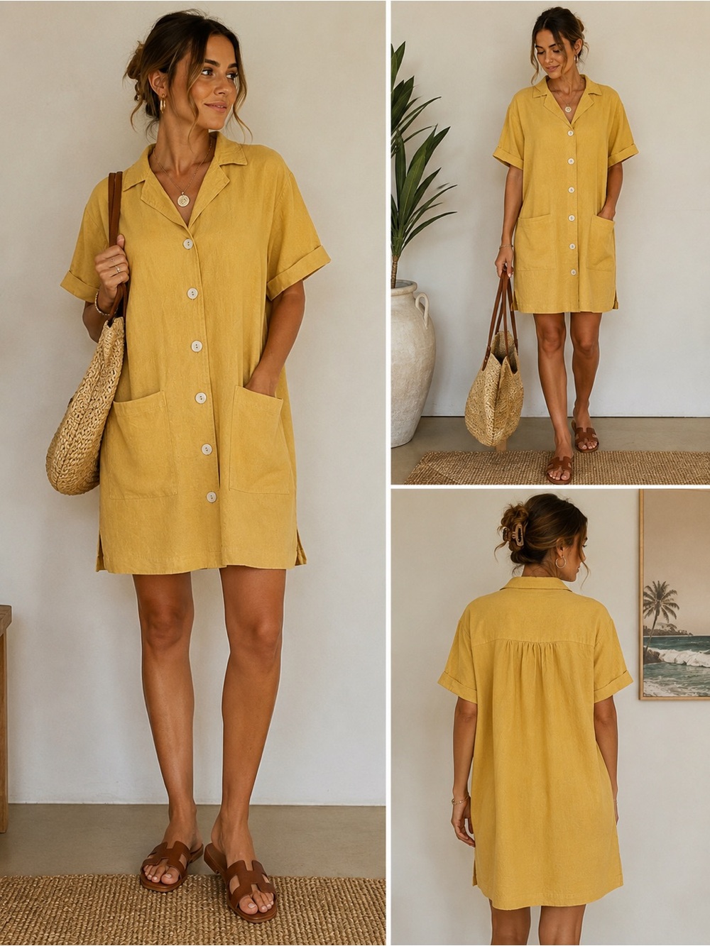 C&C California Linen Blend Mustard Yellow Shirt Dress Tunic L